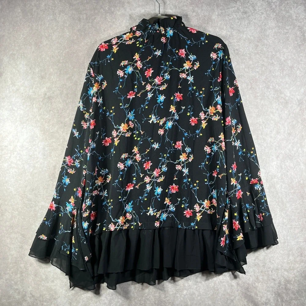 UMGEE Top Womens Large Black Floral Ruffle Tie High Neck Bell Sleeve Boho Hippie - Picture 5 of 9